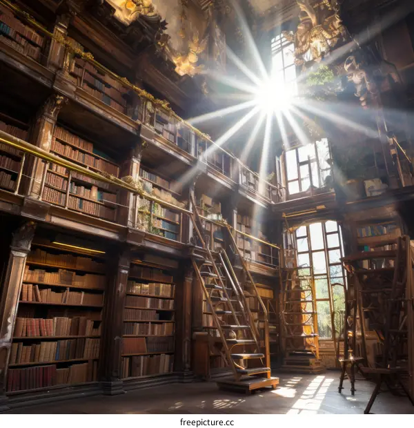 ornate library with bookshelves and sunlight shining through a large window