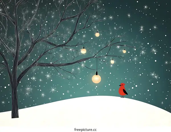 Winter Night with a Cardinal and Snowflakes