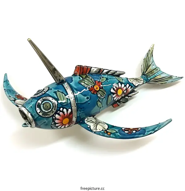 A ceramic sculpture of a blue fish with silver accents.