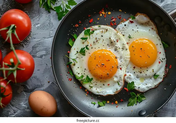 Fried eggs with tomatoes and parsley