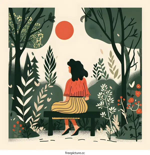 Woman Sitting on a Bench in a Garden with a Red Sun