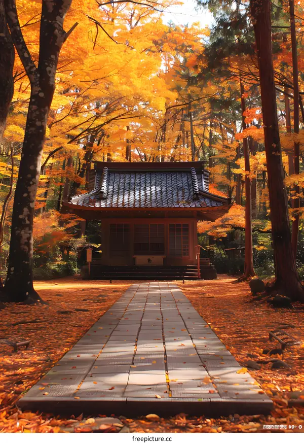 A photo of a small Japanese temple surrounded by trees with red and yellow autumn leaves