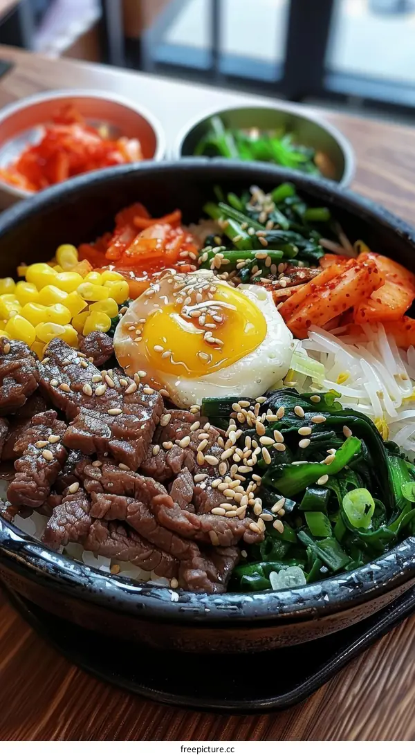 Korean food dolsot bibimbap with beef, egg, kimchi, and vegetables