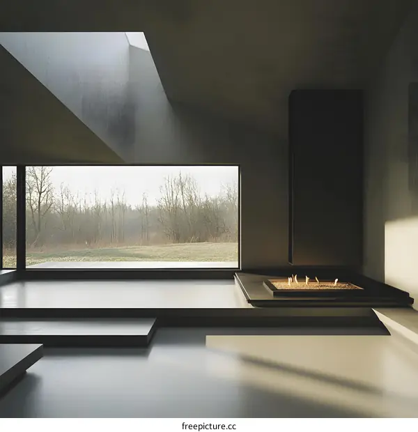 Modern Minimalist Interior Design with Fireplace and Large Window