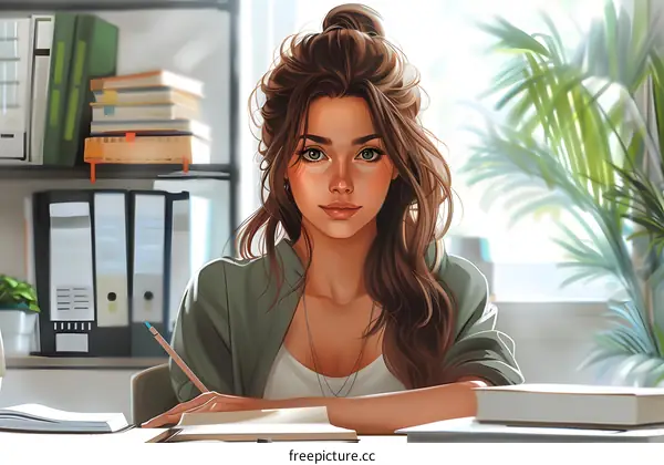 portrait of a beautiful young woman sitting at a desk and writing in a notebook