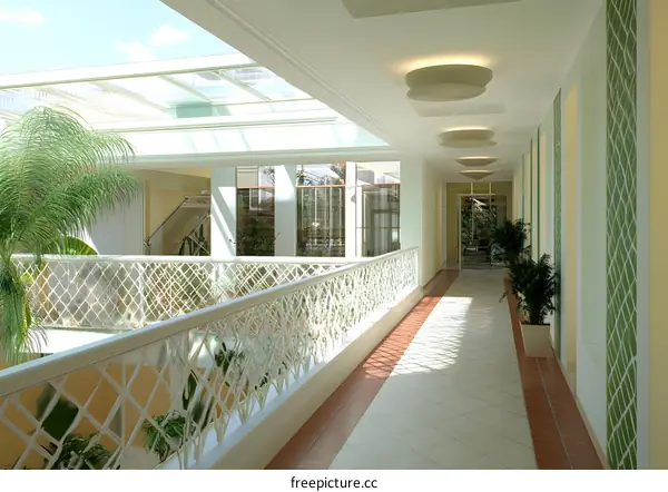 White Interior Hallway with Glass Ceiling and Plants