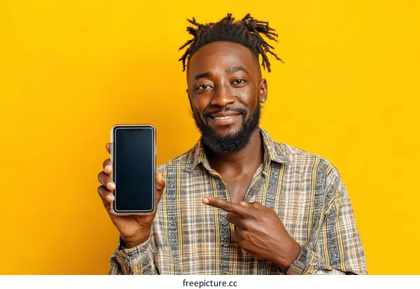 Black Man Showing Off a Smartphone Against a Yellow Background