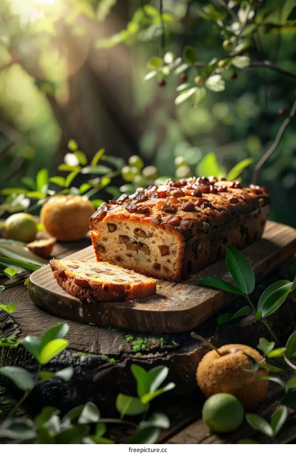 Delicious Fruit Cake on a Rustic Table in the Woods