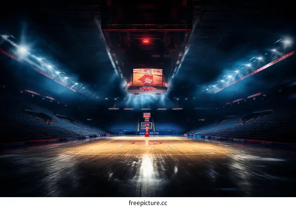 Basketball court with bright lights and empty seats