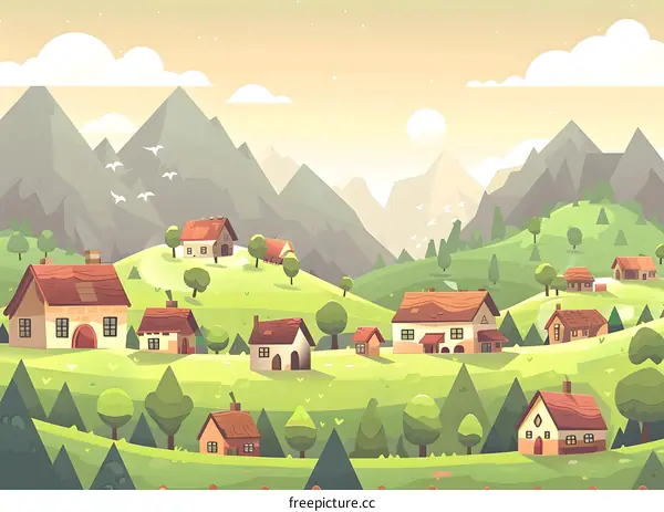 Cartoon Illustration of a Village in the Mountains