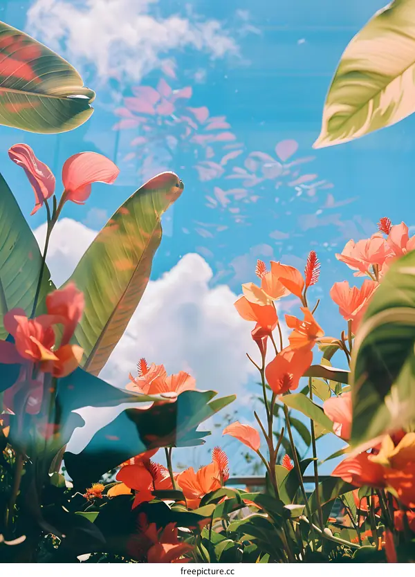 Tropical Flowers Under Blue Sky