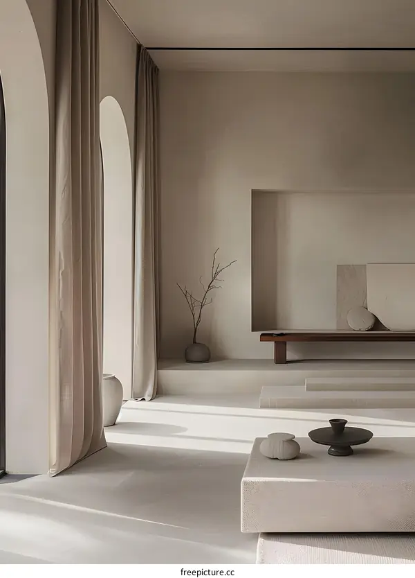 Minimalist Interior Design with Beige Walls and Curtains