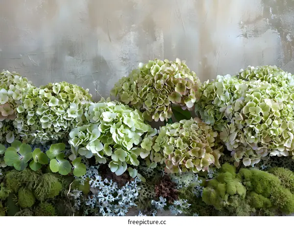 Green Hydrangea Flowers On A Grey Wall
