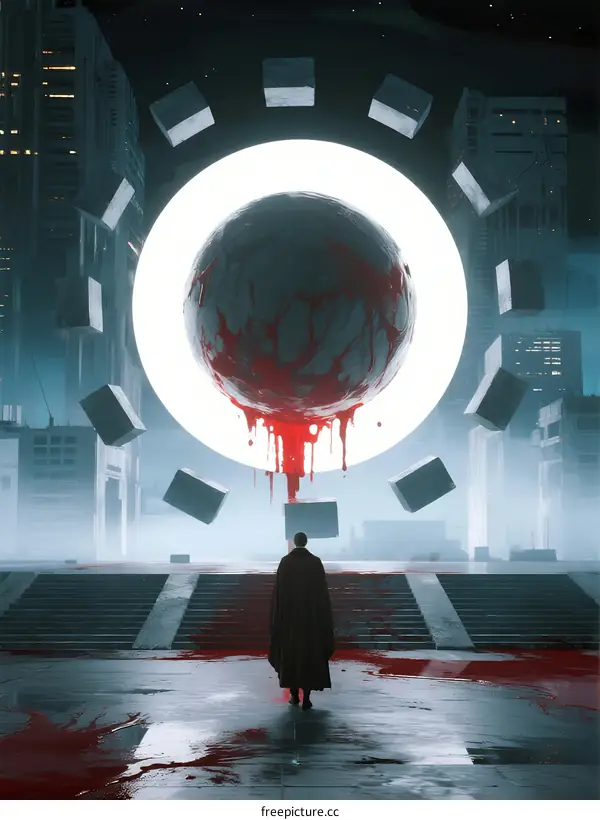 Mysterious Bloodied Orb Hovering Above Urban Platform