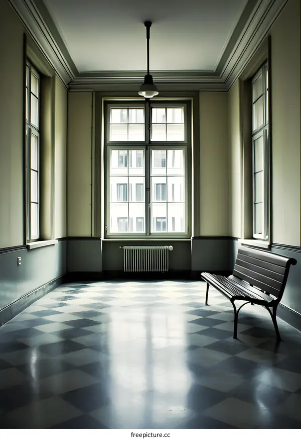 Empty Hallway With Checkered Floor And Bench