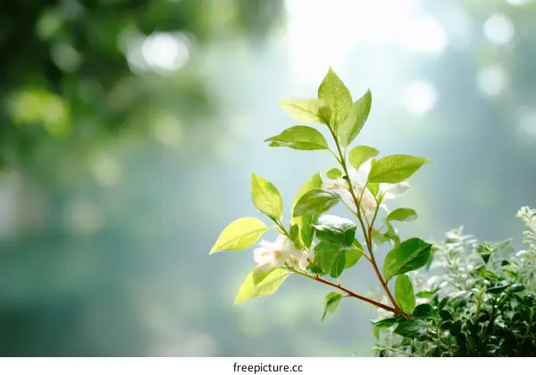 Nature Springtime Branch with Fresh Leaves and Flowers
