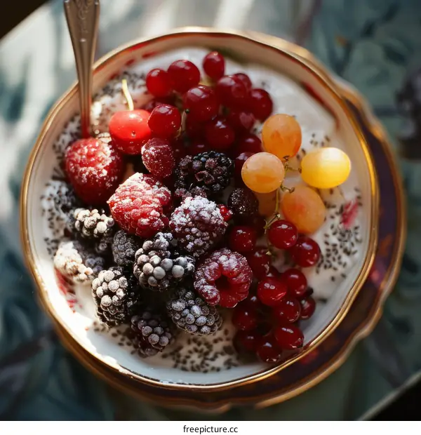 Blackberries, raspberries and red grapes with yogurt