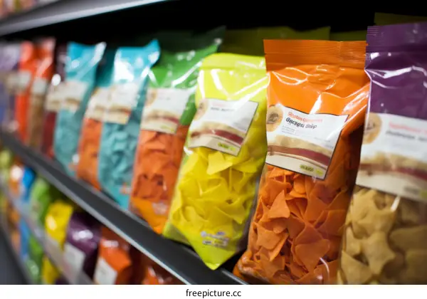 Colorful bags of chips on a grocery store shelf