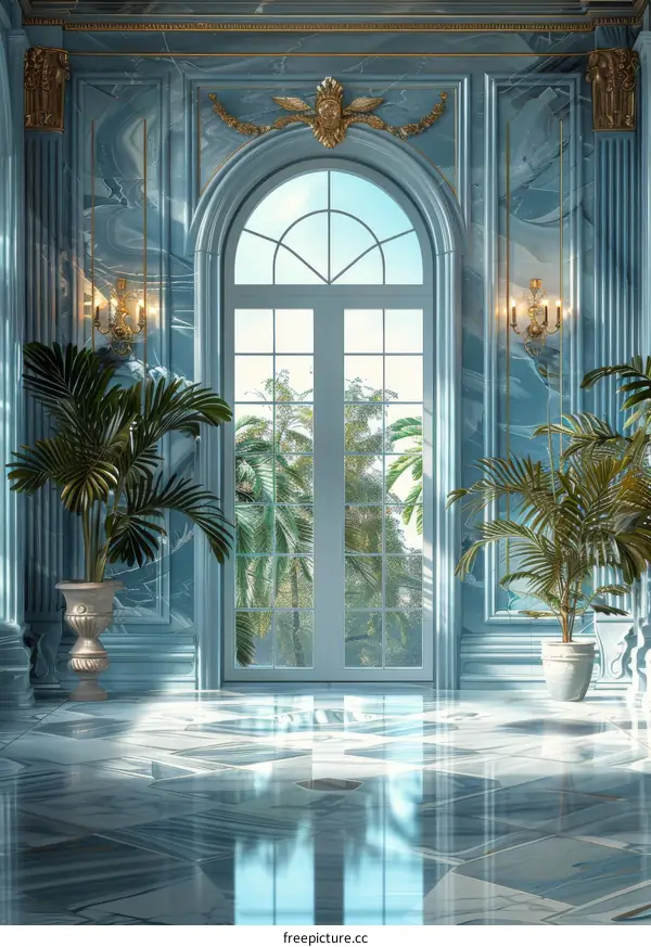 Elegant Blue Marble Hallway with Lush Tropical Plants
