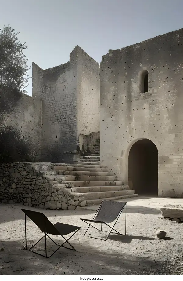 Stone Building with Two Chairs in Courtyard