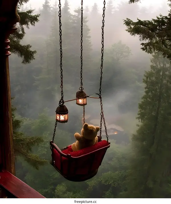Teddy Bear Swinging In Misty Forest