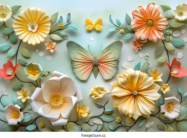 Paper Flowers and Butterfly Spring Nature Art