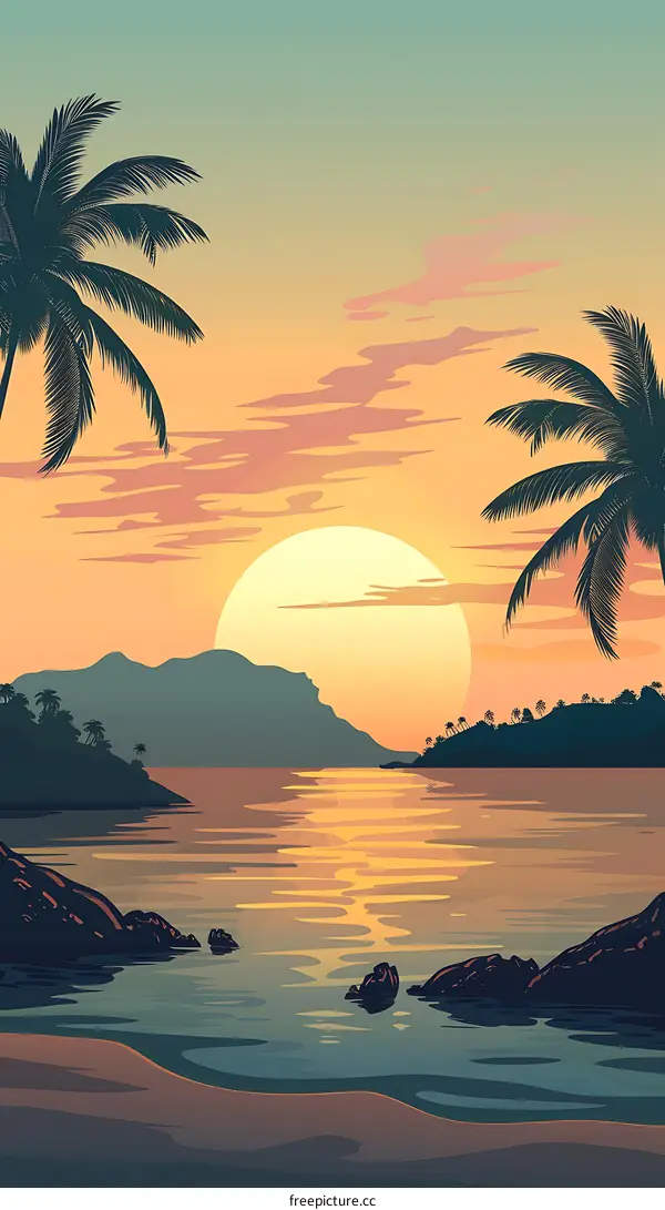 Tropical Sunset Beach Scene with Palm Trees and Mountains
