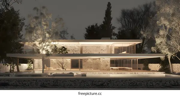 Modern Minimalist House with Pool and Trees at Night