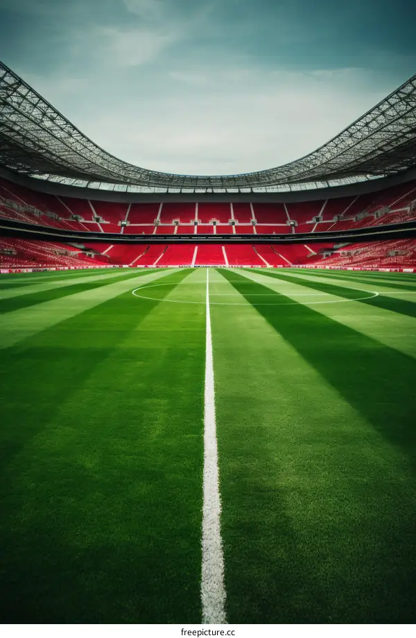 An empty football stadium with green field and red seats