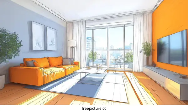 Sketch Drawing of Modern Living Room Interior Design