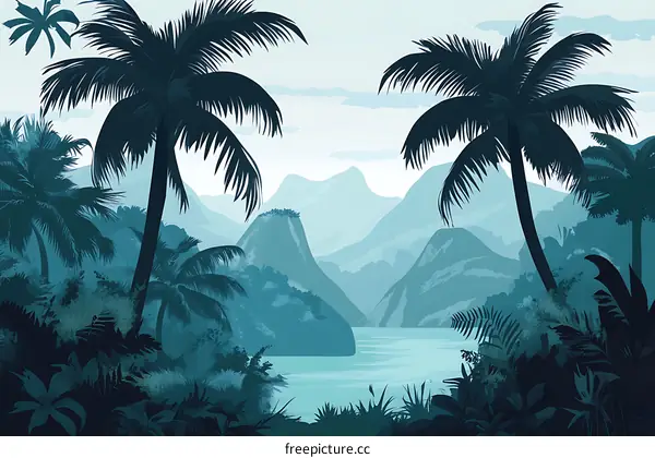Tropical Landscape With Mountains And Palm Trees