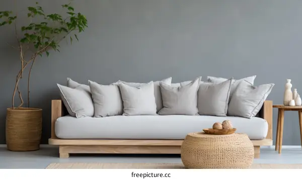 Modern minimalist living room interior with grey sofa and natural materials