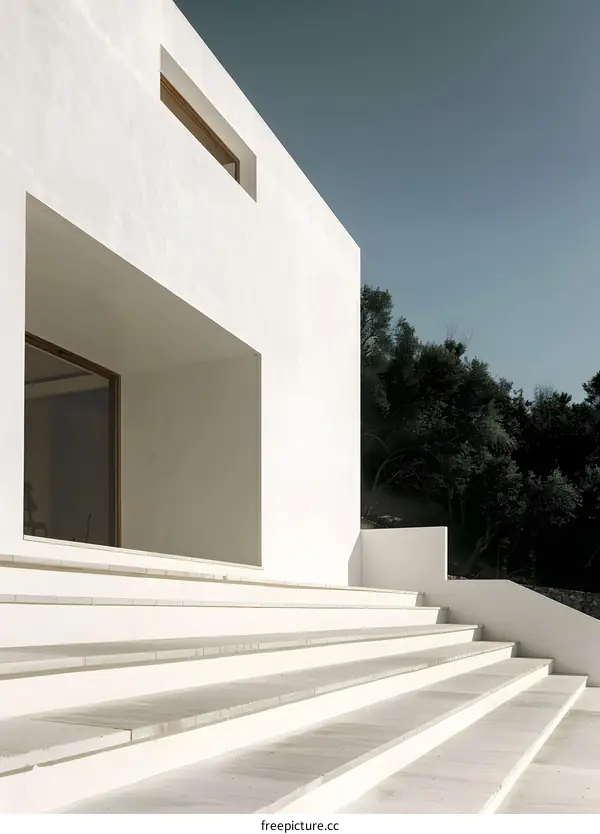 Modern Minimalist White House with Steps and Window