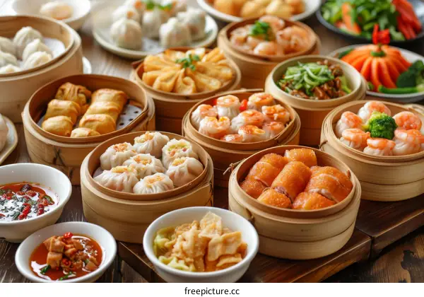 Variety of Chinese Dim Sum Dishes on a Table