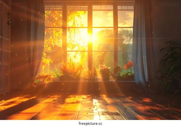 Sunlight shining through a window into a room with autumn leaves on the floor