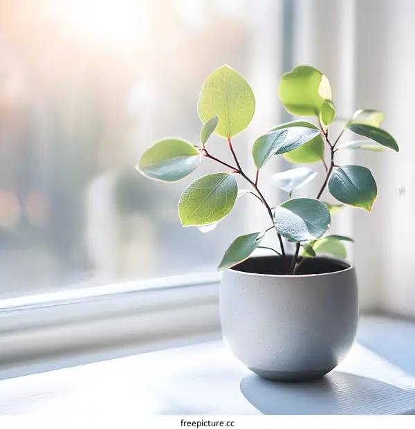 Potted Plant on Windowsill with Sunlight
