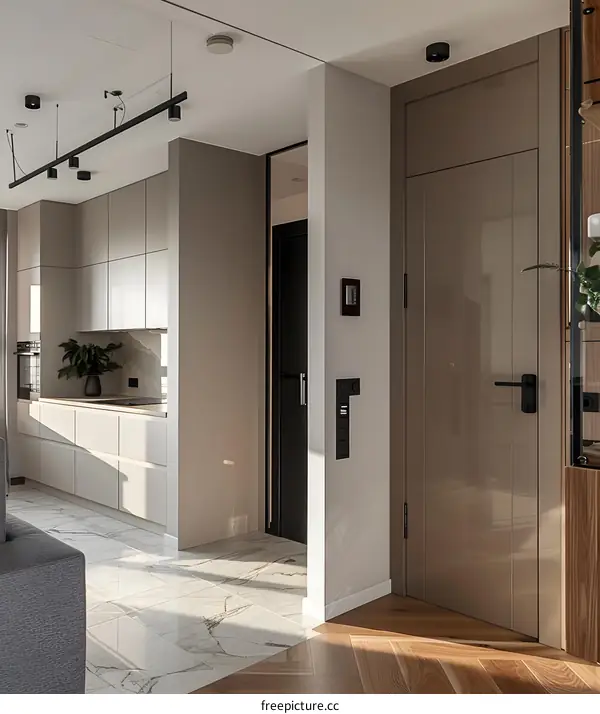 Modern Interior Design with White Kitchen Cabinets and Marble Floor