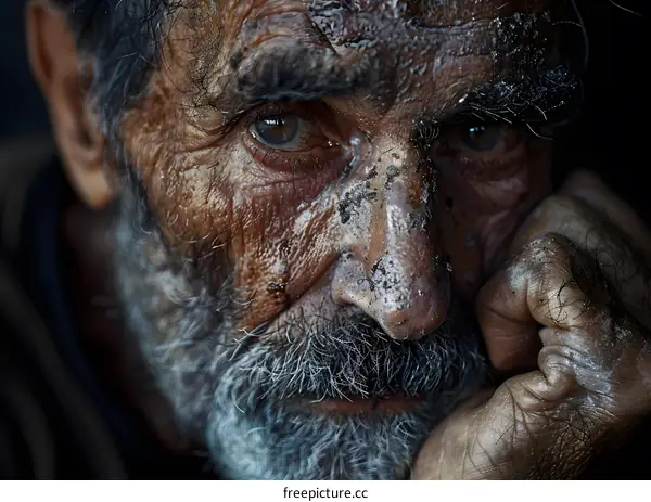 Close Up Portrait of an Elderly Man With Wrinkles and Dirt on His Face