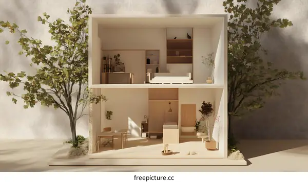 Minimalist Wooden Dollhouse Model with Two Floors and a Greenery Landscape