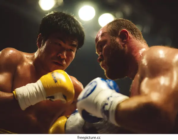 Two Asian and Caucasian Boxers in Action