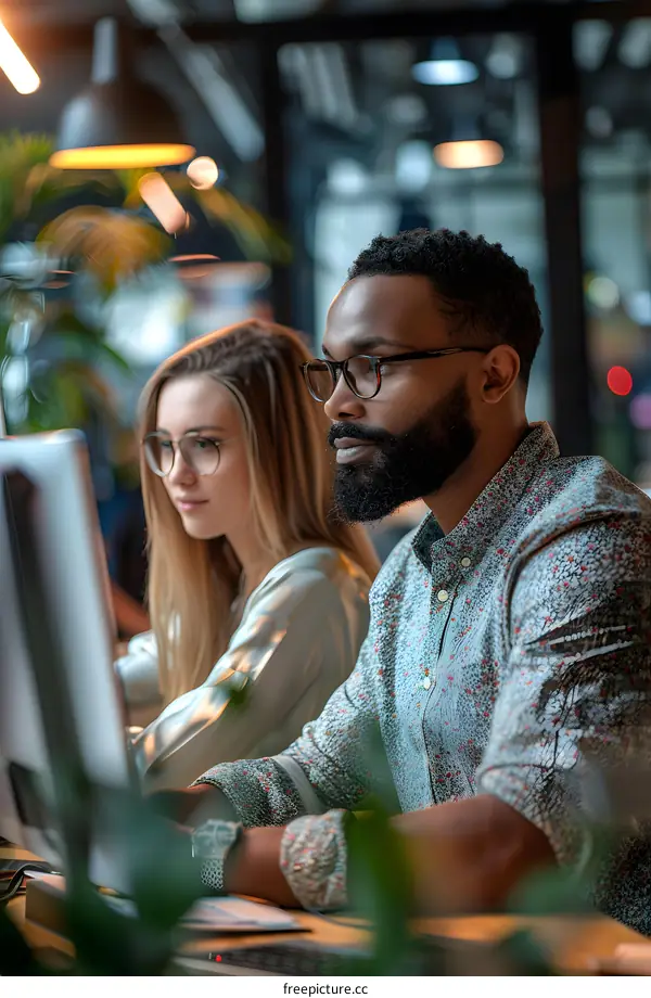 Two young business professionals working together on a project