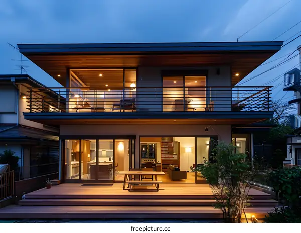 Modern Japanese House with Wooden Deck and Balcony