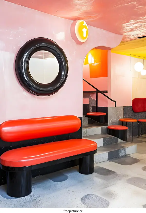 Modern Interior Design With Red Bench and Black Mirror
