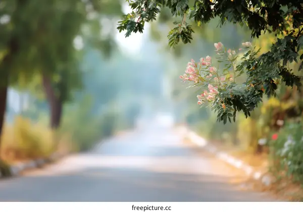 Gentle Morning Light on a Country Road with Blossoms