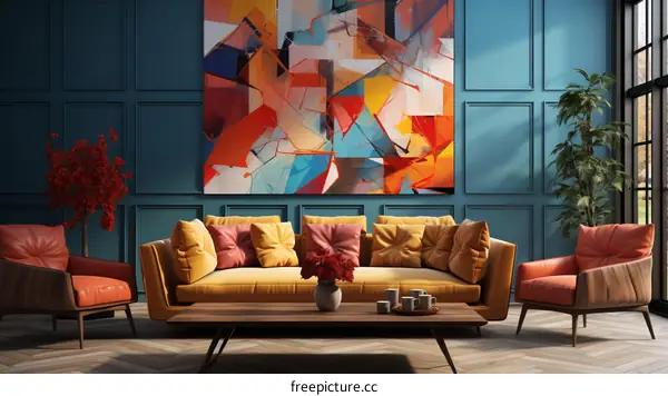 Blue room with yellow sofa and red chairs