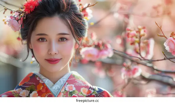 Portrait of a beautiful Japanese woman in traditional kimono with pink cherry blossoms in the background