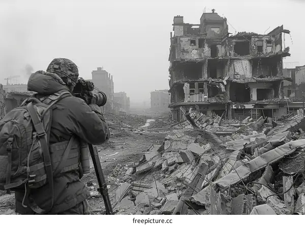 A photojournalist takes pictures of the destruction in a war-torn city