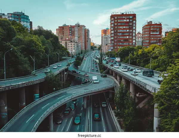 Urban Expressway with Heavy Traffic Near Downtown