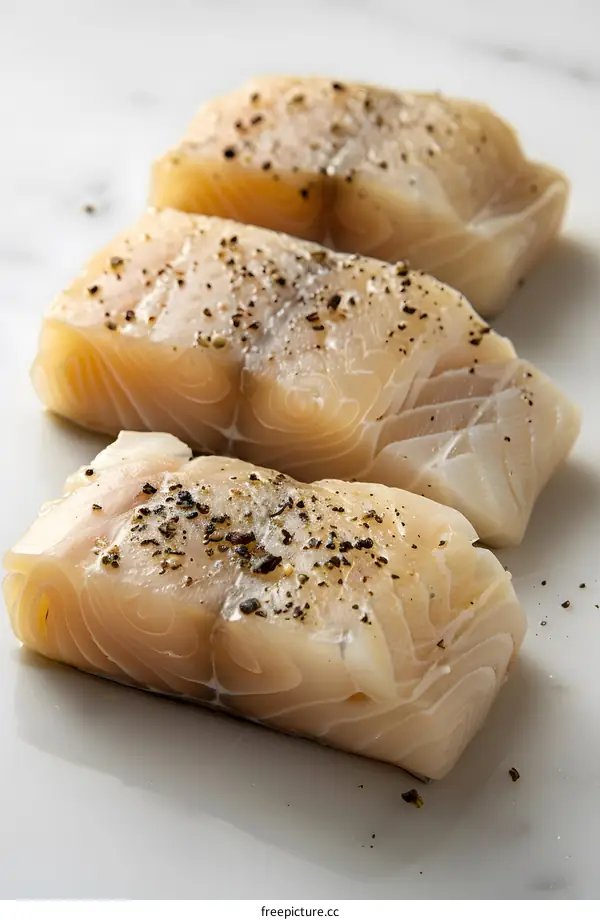 Three pieces of raw white fish fillet seasoned with black pepper.