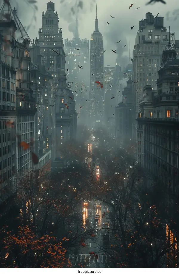 Rainy Autumn Cityscape Illustration